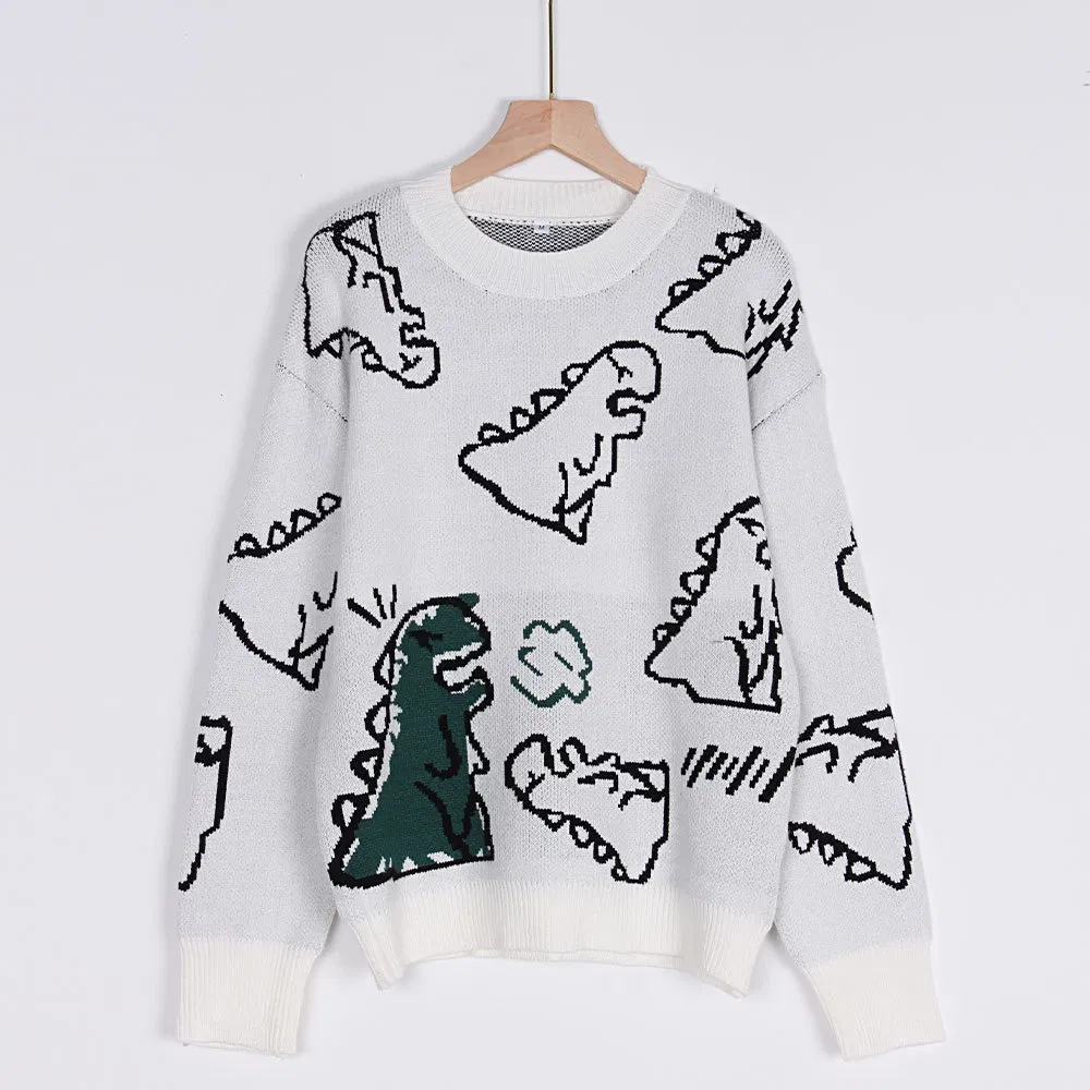 Otoño e Invierno Nuevo Suéter/Sudadera Suelta de Dinosaurio de Dibujos Animados con Cuello Redondo