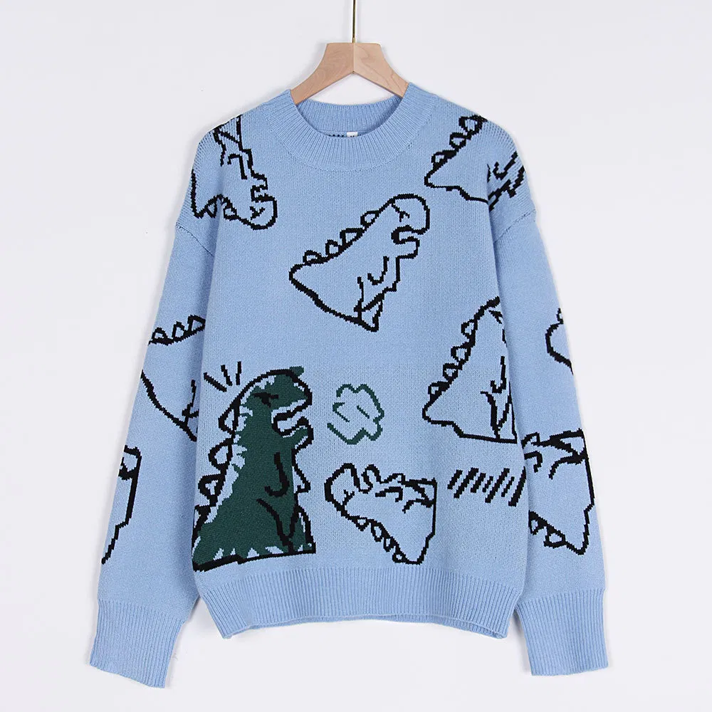 Otoño e Invierno Nuevo Suéter/Sudadera Suelta de Dinosaurio de Dibujos Animados con Cuello Redondo