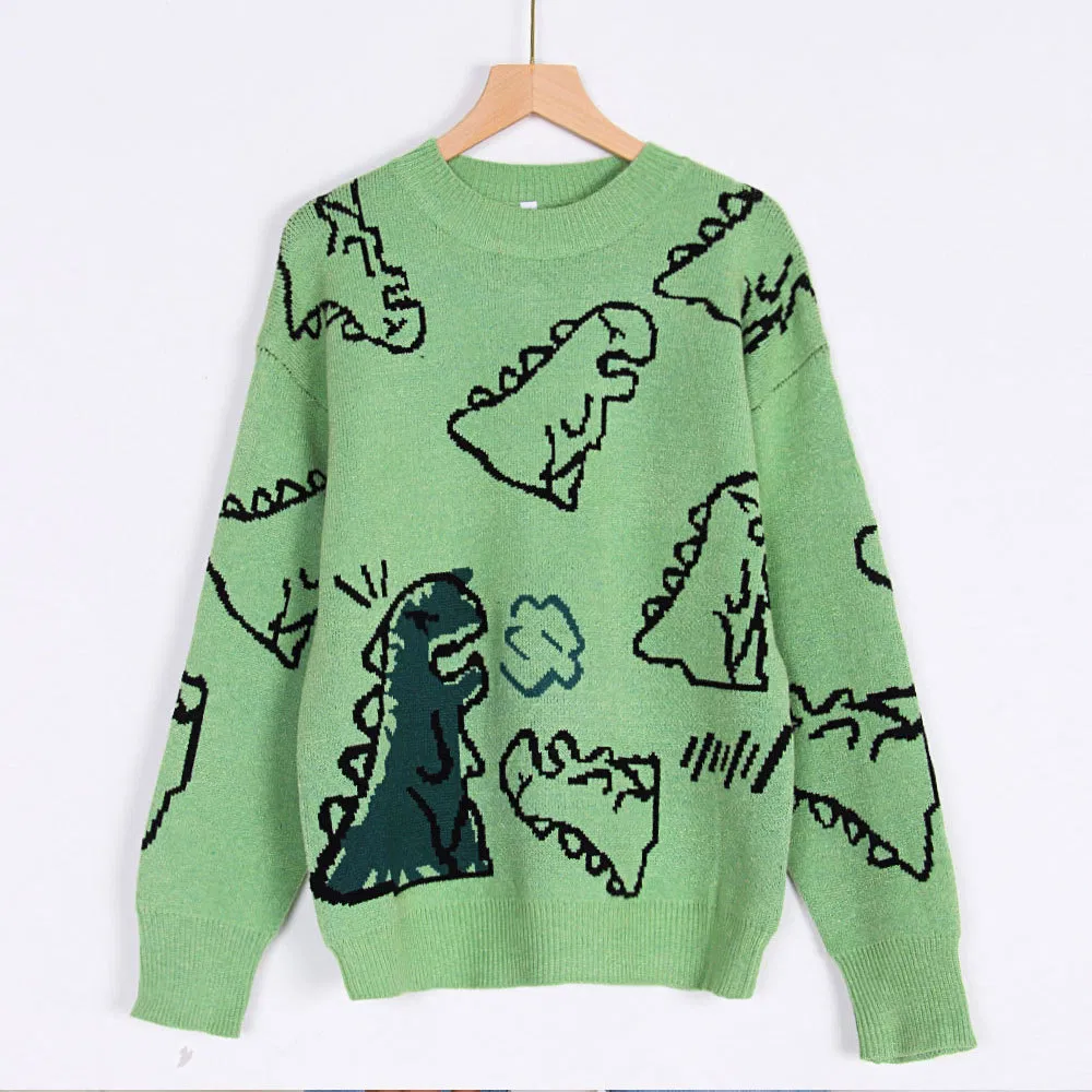 Otoño e Invierno Nuevo Suéter/Sudadera Suelta de Dinosaurio de Dibujos Animados con Cuello Redondo