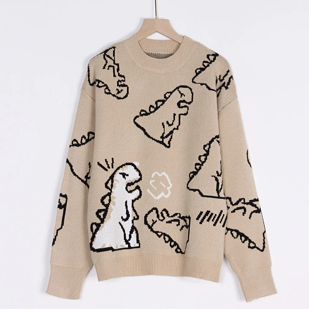 Otoño e Invierno Nuevo Suéter/Sudadera Suelta de Dinosaurio de Dibujos Animados con Cuello Redondo
