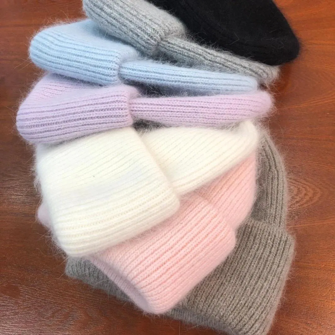Otoño Invierno Cálido Jersey de Punto Sombrero Señora Mujer Color Caramelo En Blanco Grueso Mullido Gorro de Piel De Conejo de Angora