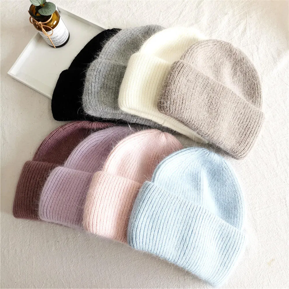 Otoño Invierno Cálido Jersey de Punto Sombrero Señora Mujer Color Caramelo En Blanco Grueso Mullido Gorro de Piel De Conejo de Angora