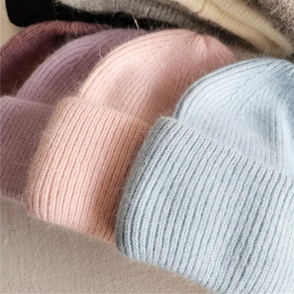 Otoño Invierno Cálido Jersey de Punto Sombrero Señora Mujer Color Caramelo En Blanco Grueso Mullido Gorro de Piel De Conejo de Angora