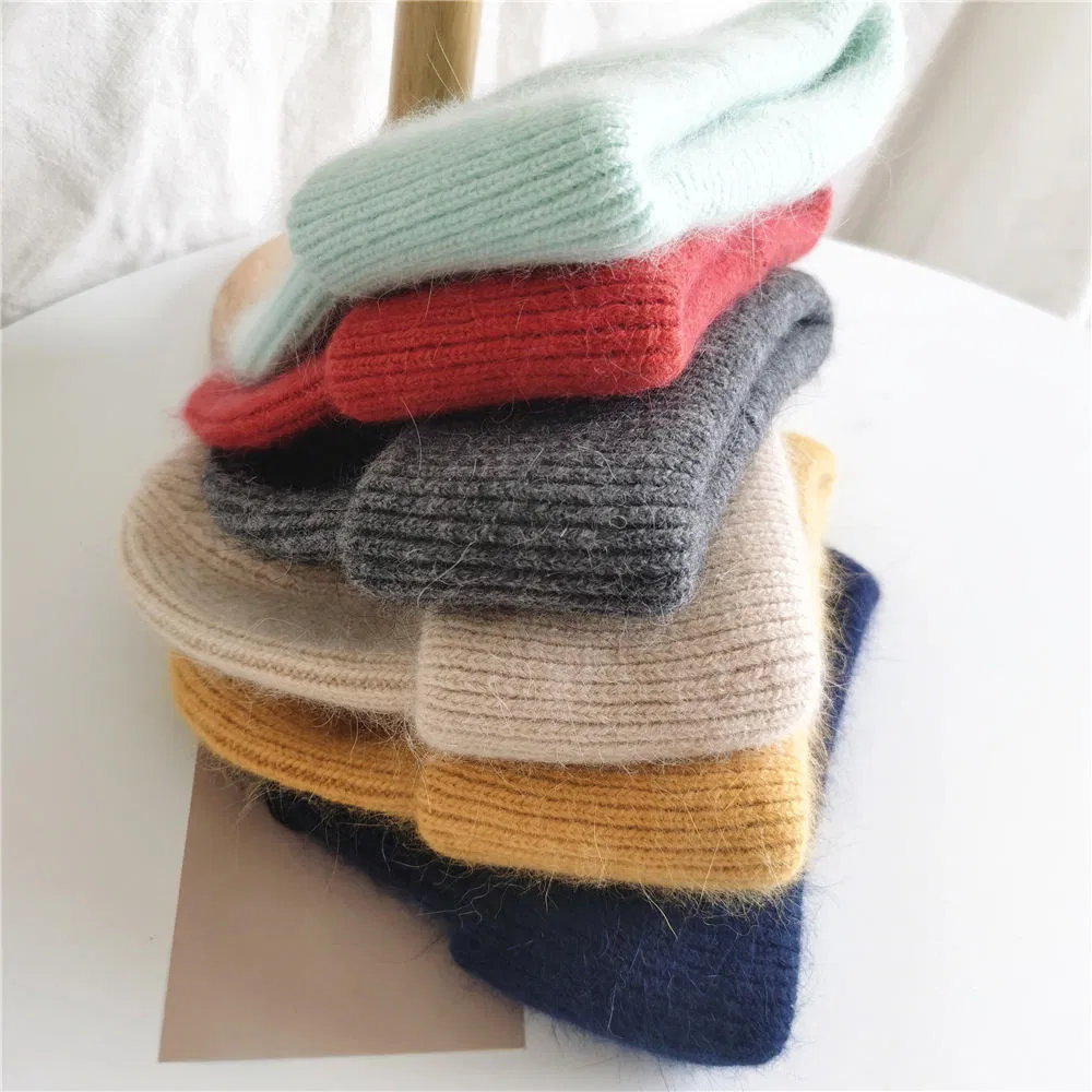 Otoño Invierno Cálido Jersey de Punto Sombrero Señora Mujer Color Caramelo En Blanco Grueso Mullido Gorro de Piel De Conejo de Angora