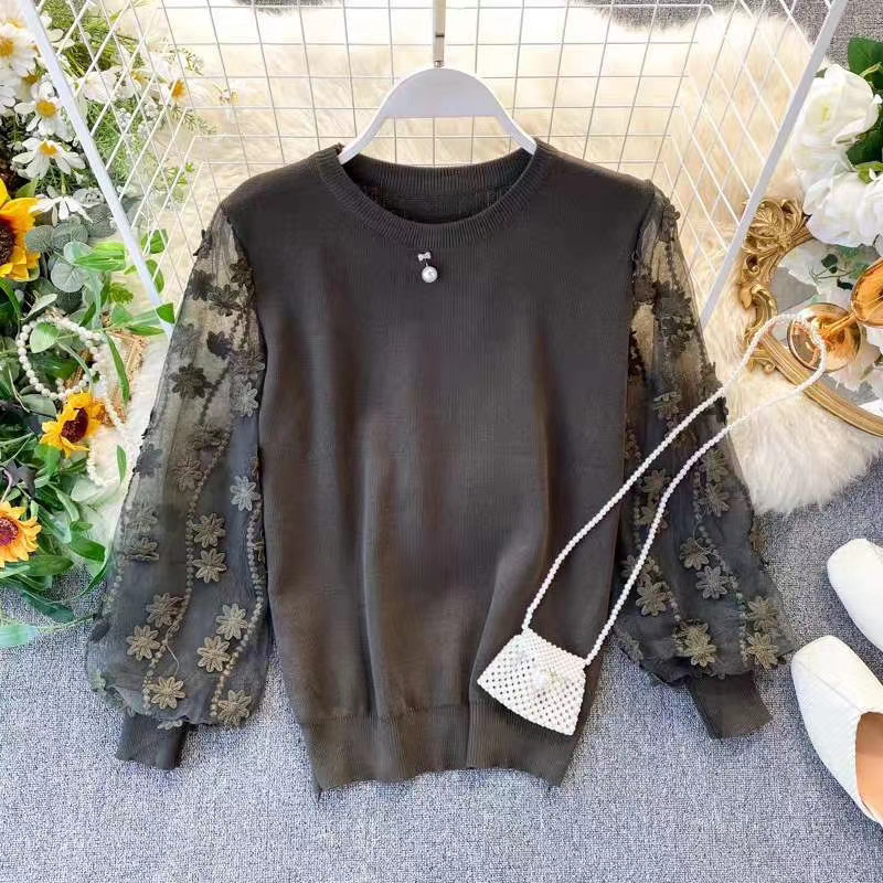 Suéter de Manga Larga de Encaje de Retazos de Cuello Redondo de Nueva Moda 2020 para Mujer