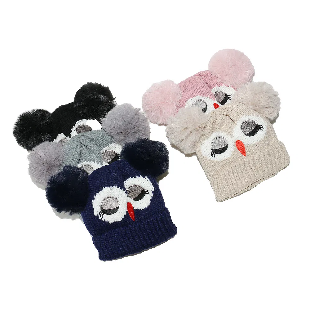 Gorro Cálido de Punto de Búho de Dibujos Animados Nuevo Estilo Gorro de Doble Bola para Niños