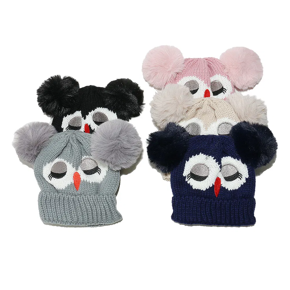 Gorro Cálido de Punto de Búho de Dibujos Animados Nuevo Estilo Gorro de Doble Bola para Niños