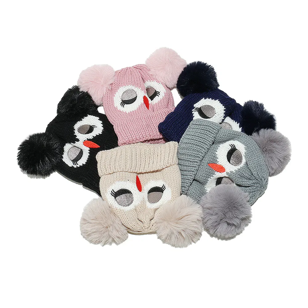 Gorro Cálido de Punto de Búho de Dibujos Animados Nuevo Estilo Gorro de Doble Bola para Niños