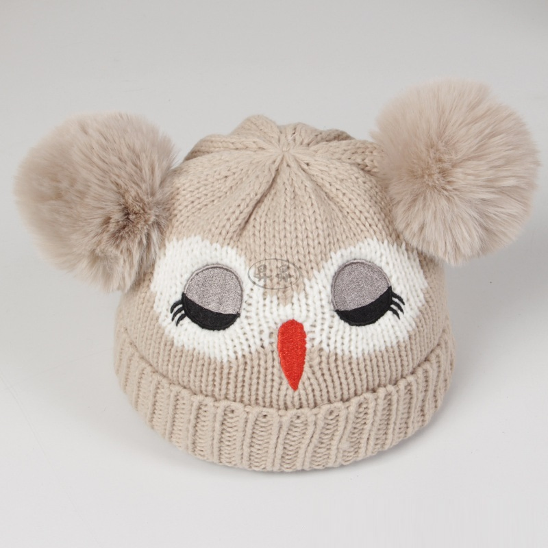Gorro Cálido de Punto de Búho de Dibujos Animados Nuevo Estilo Gorro de Doble Bola para Niños