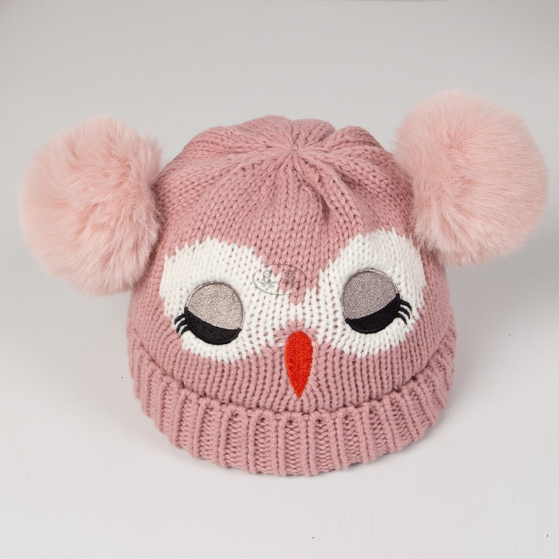 Gorro Cálido de Punto de Búho de Dibujos Animados Nuevo Estilo Gorro de Doble Bola para Niños