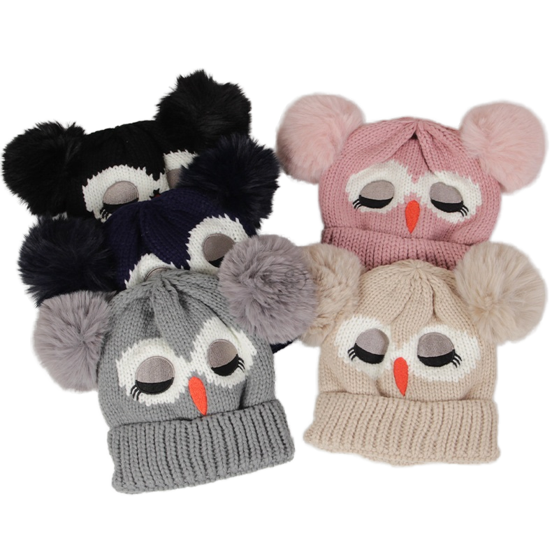 Gorro Cálido de Punto de Búho de Dibujos Animados Nuevo Estilo Gorro de Doble Bola para Niños