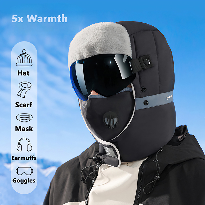 Gorro de Aviador con Forro Térmico de Piel, Sombrero de Bombardero, Solapa para la Oreja, Calentador Facial, Gorra de Esquí de Béisbol a Prueba de Viento, Juego de Gafas