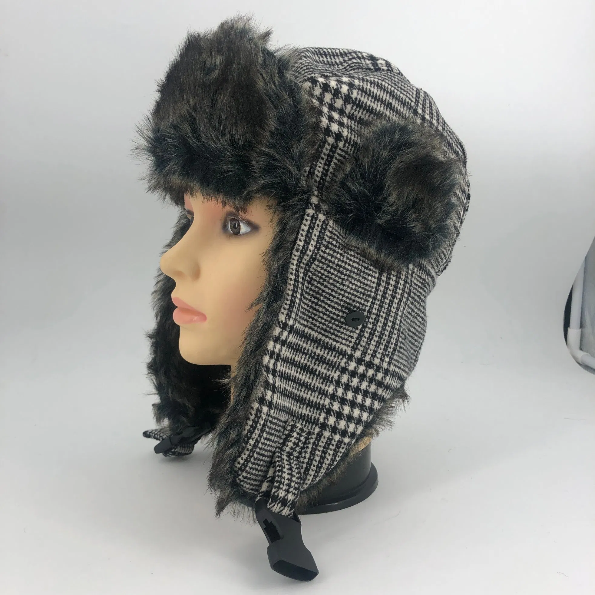 Gorra de Bombardero de Piel Sintética Suave Unisex Con Orejeras a Prueba de Viento Sombrero de Soldado de Invierno Raya de Rejilla Clásica