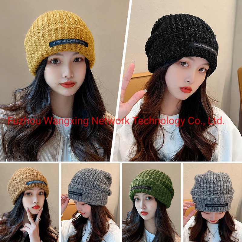 Sombrero de lana Barato para Mujer&#39;s Parche de Gorra de Invierno Sombrero de Lana de Viento Callejero Gorro de Punto Grueso con Circunferencia de la Cabeza Grande