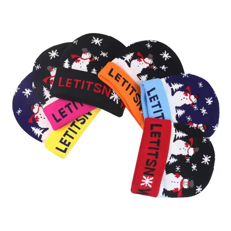 Gorros de Pompón de Acrílico de Primera Calidad a Granel Con Estampado de Hip Hop Gorro de Jacquard de Navidad con Bordado Personalizado