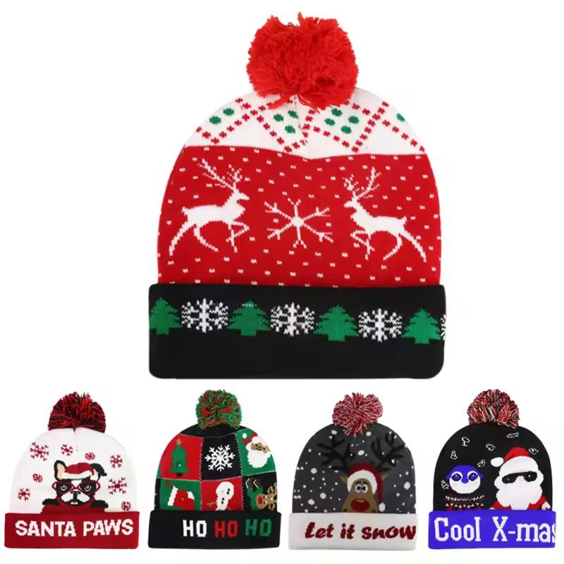 Gorros de Pompón de Acrílico de Primera Calidad a Granel Con Estampado de Hip Hop Gorro de Jacquard de Navidad con Bordado Personalizado